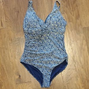 Nip Tuck swimsuit in blue white and gold print